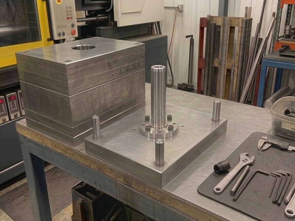 Machined cooled-mold plates and a sprue-bushing assembly on a shop bench during reverse-engineering reconstruction.