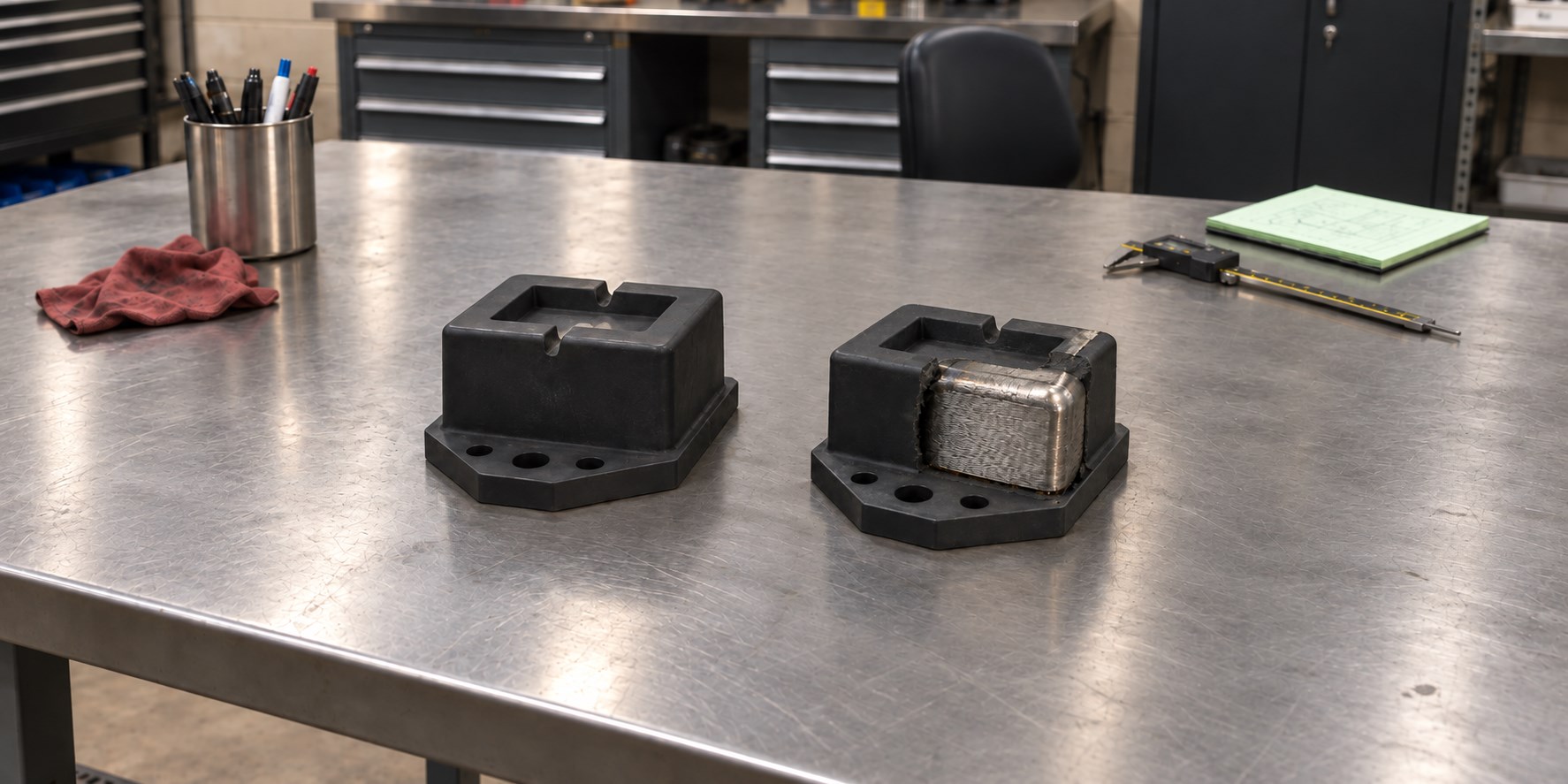 Two reverse-engineered overmolded components on a steel shop bench, showing the molded exterior and a cutaway of the internal steel insert.