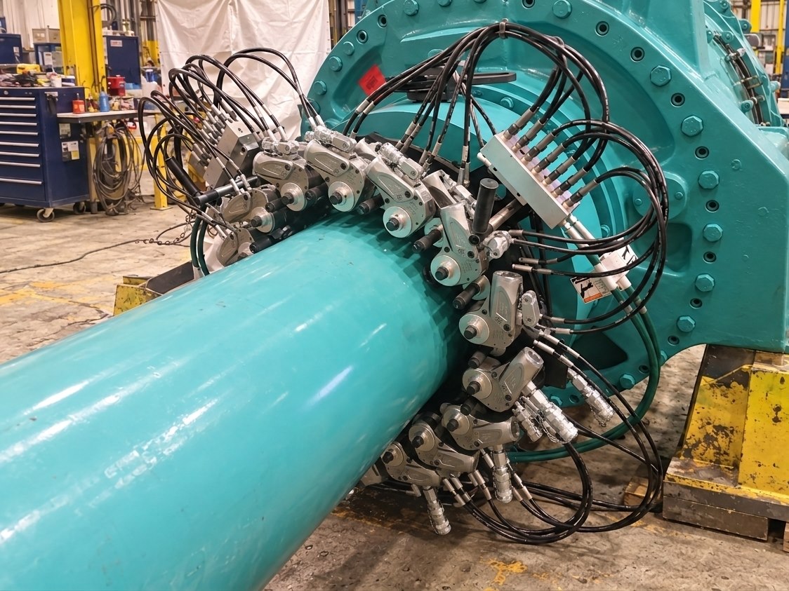 Modular hydraulic bolt-tightening tools arranged around a large industrial flange for simultaneous tightening.
