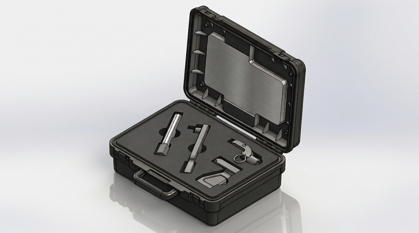CAD rendering of a modular torque tool accessory kit in an open protective case, with interchangeable reaction heads nested in custom foam.